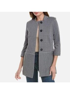 Cabi #5474 Dappled Striped Collarless Car Coat Navy Grey Small
